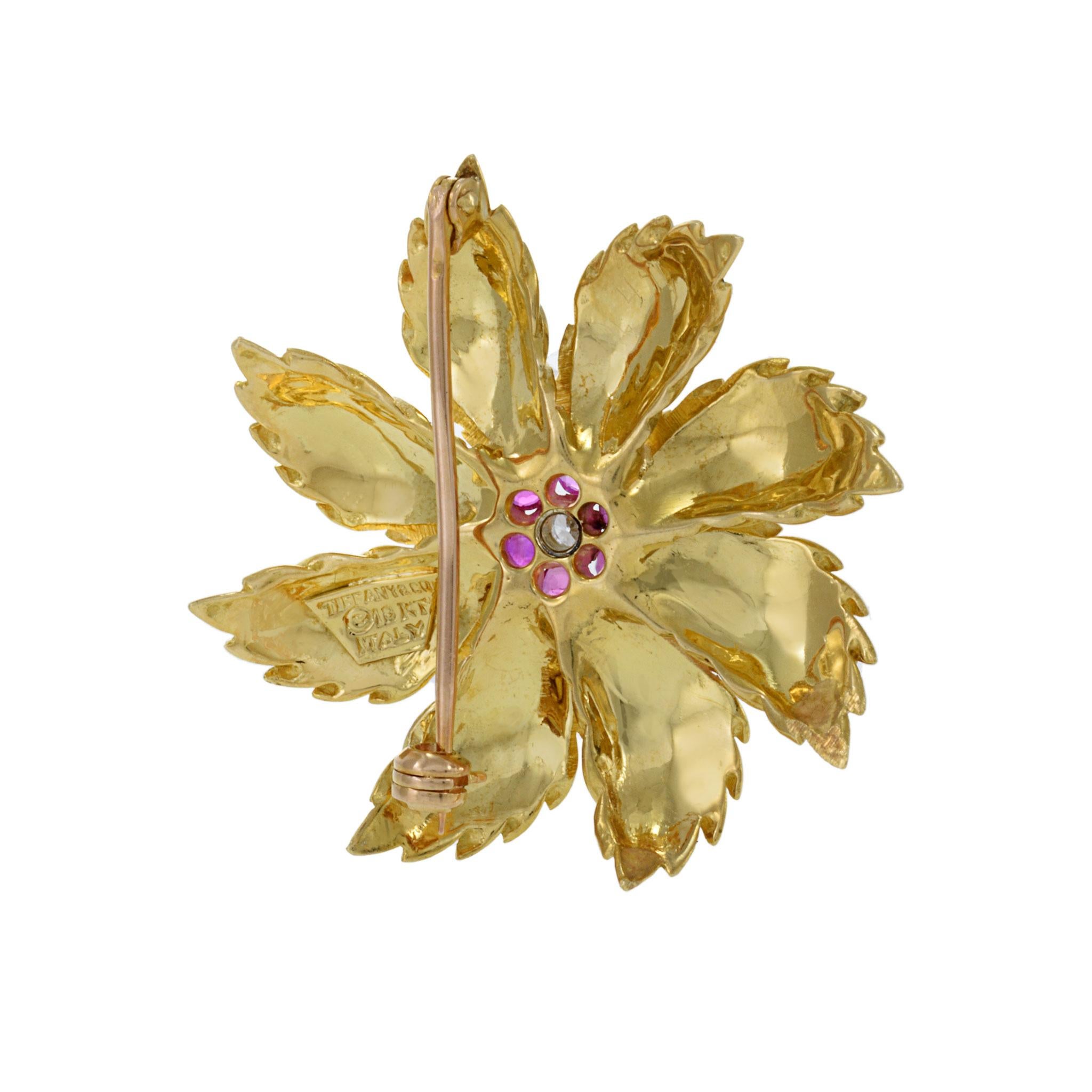 Tiffany & Co. Vintage Retro Era 18KT Yellow Gold Ruby Flower Brooch In Excellent Condition For Sale In New York, NY