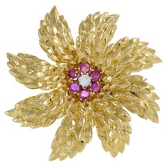 Tiffany & Co. Vintage Retro Era 18KT Yellow Gold Ruby Flower Brooch