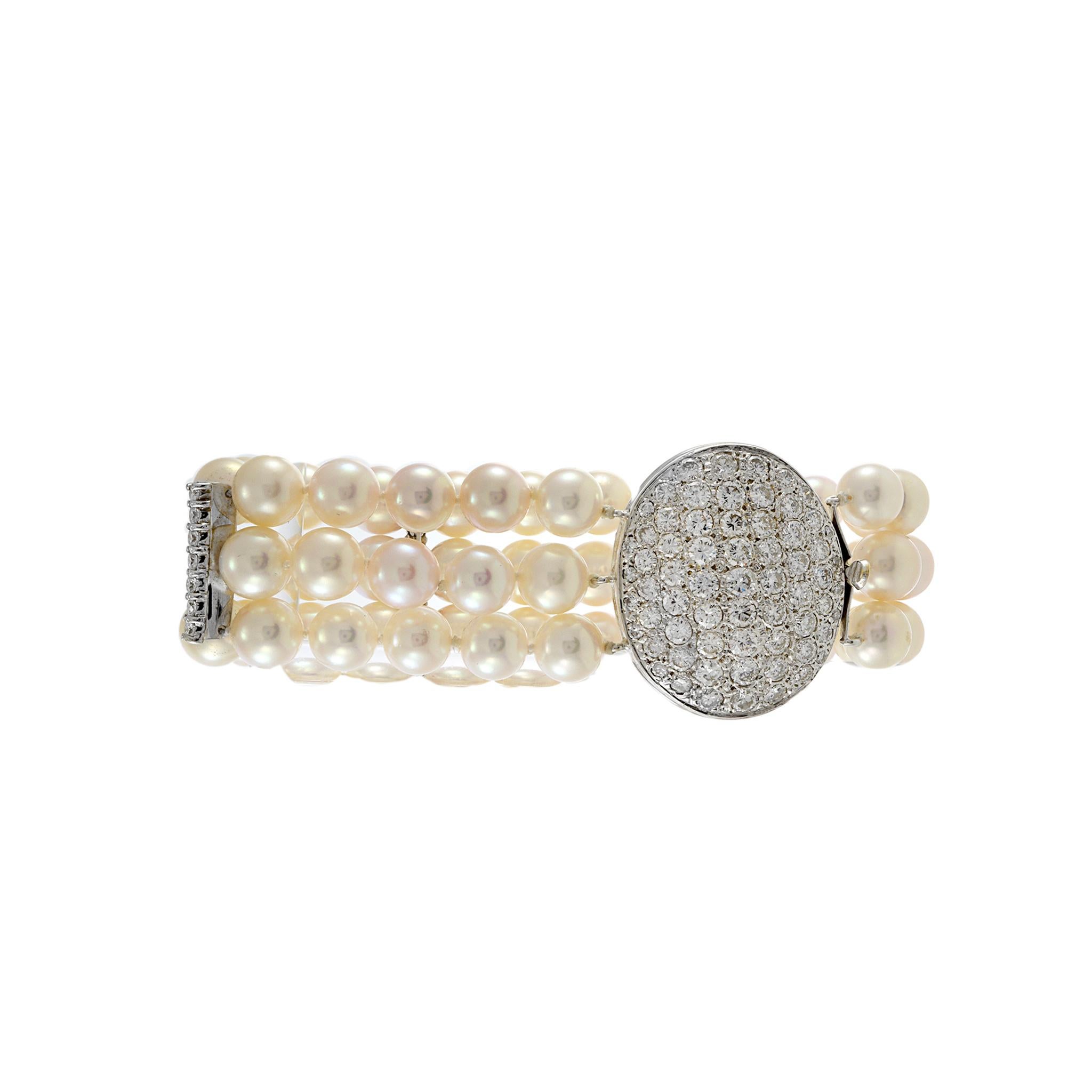 Round Cut Vintage Retro Era Akoya Pearl and Diamond Bracelet For Sale