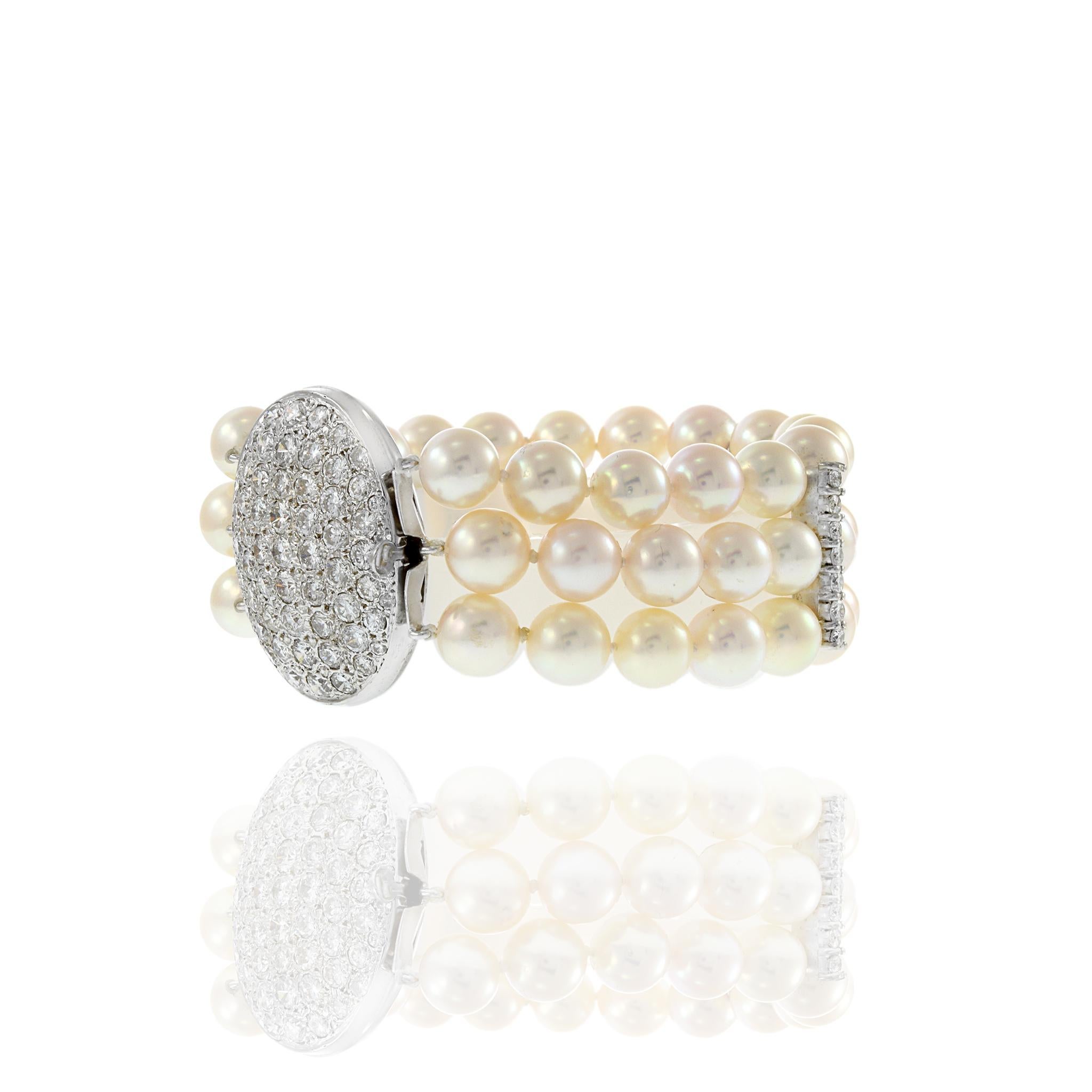 Women's Vintage Retro Era Akoya Pearl and Diamond Bracelet For Sale