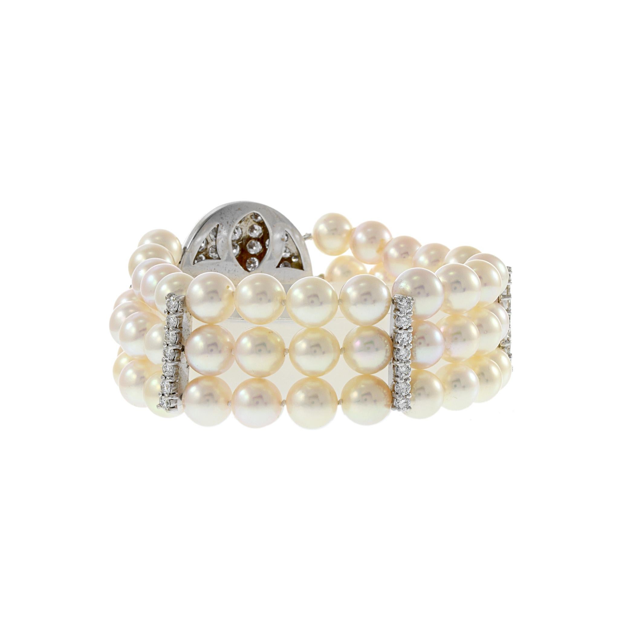 Vintage Retro Era Akoya Pearl and Diamond Bracelet For Sale 1