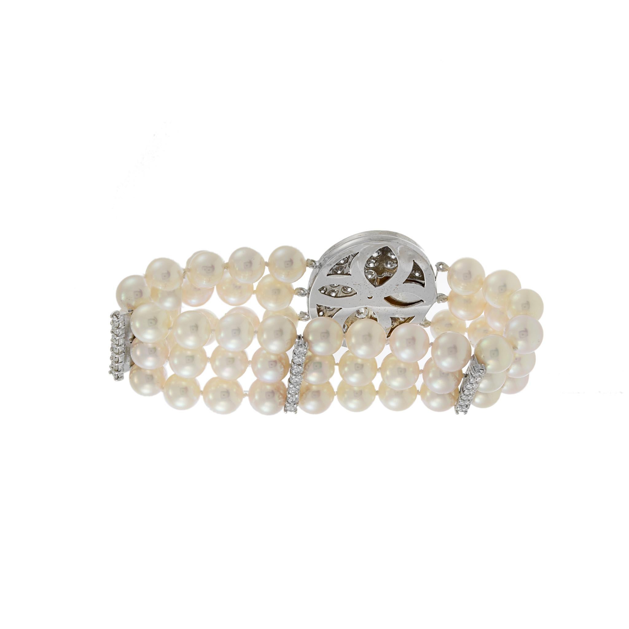 Vintage Retro Era Akoya Pearl and Diamond Bracelet For Sale 3