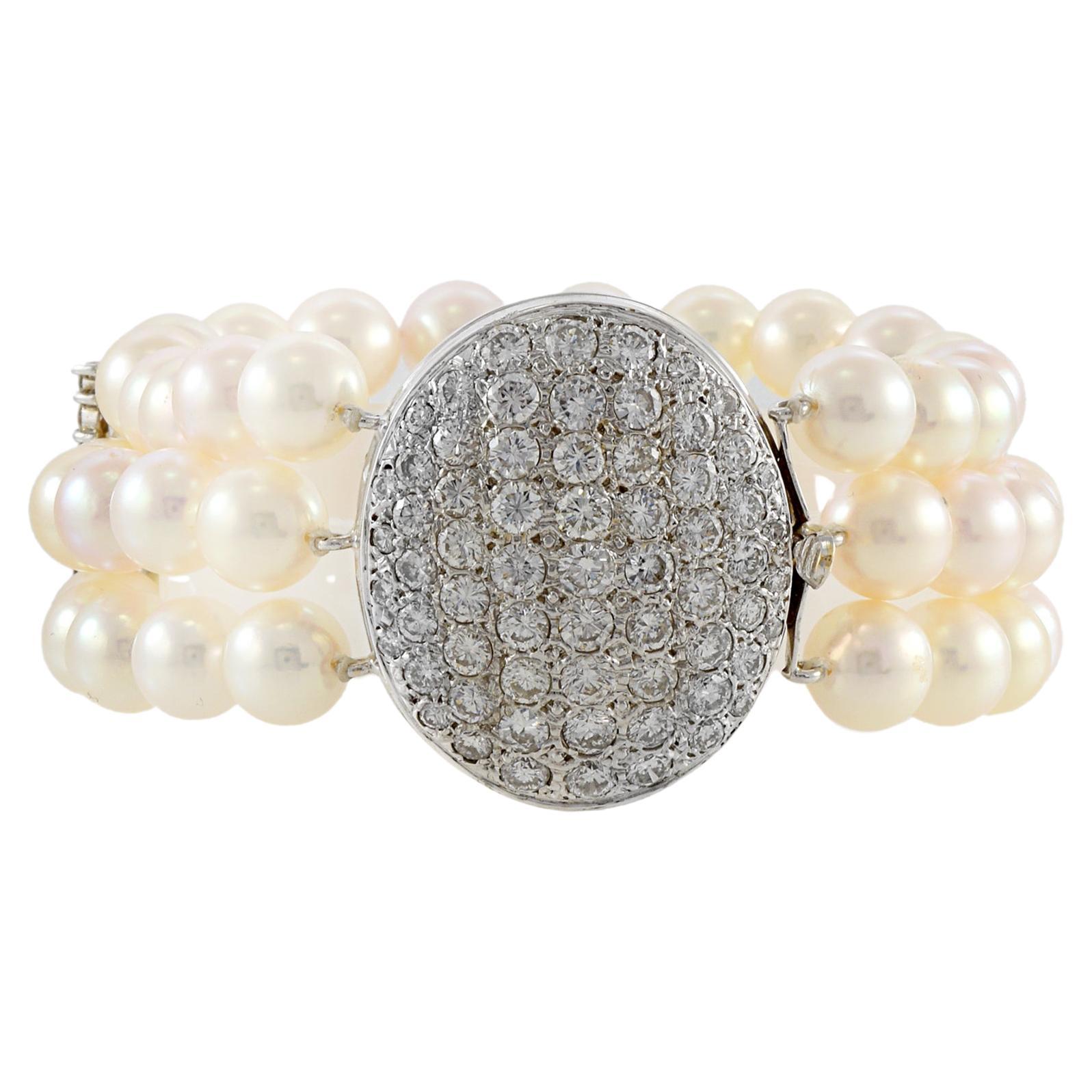 Vintage Retro Era Akoya Pearl and Diamond Bracelet