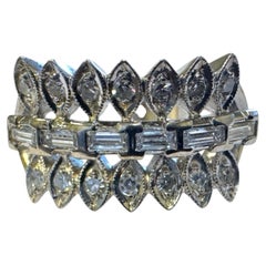 Vintage Retro Era Baguette Diamond Cocktail Ring 14K White Gold