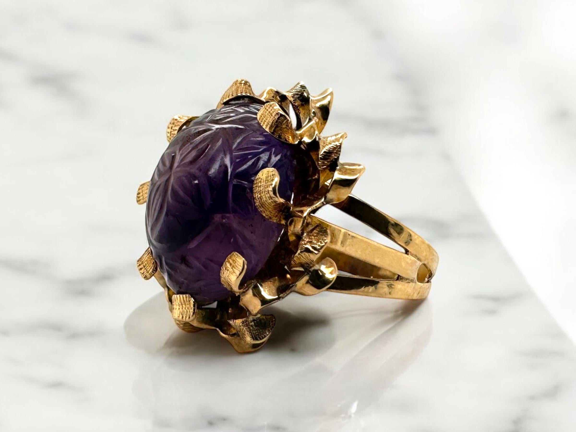 We are thrilled about this unique vintage ring!!

Ring Details
Material: 14K Rose Gold
Era: Retro 1960 - 1980
Head Width: 24.3mm
Head Height: 12mm
Shank Width: 3.5mm
Weight: 9.2 Grams
Finger Size: 8 1/2
Sizable Upon Request

Accented by the