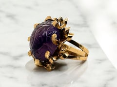 Vintage Retro Era Carved Amethyst Cocktail Ring 14K Rose Gold
