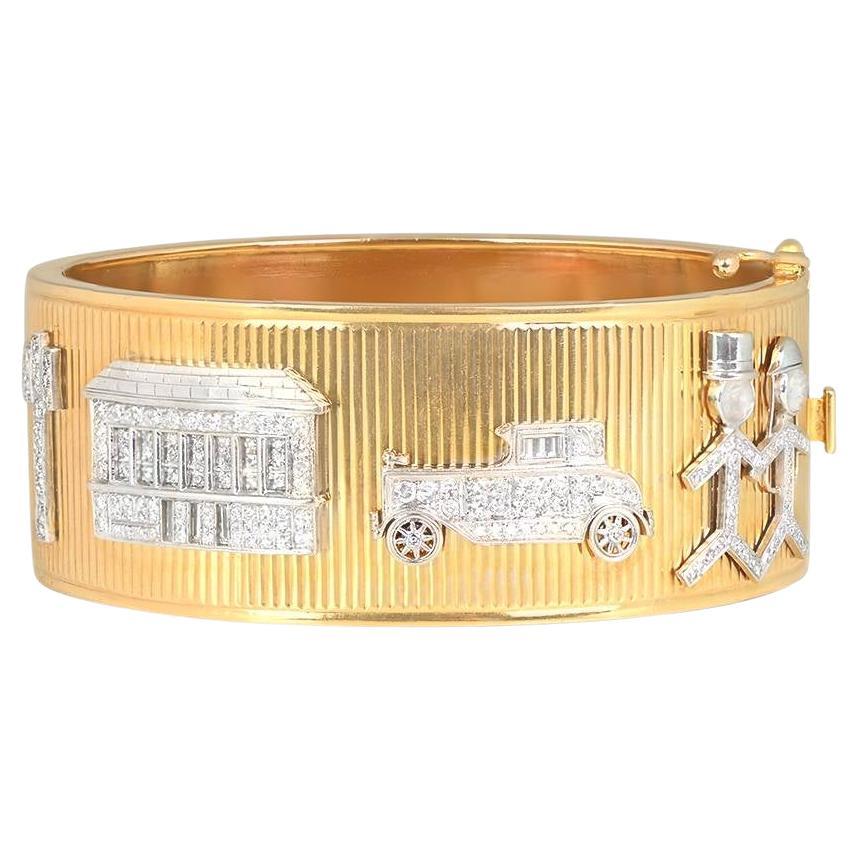 Bracelet à breloques vintage d'époque rétro, bracelet jonc en or jaune 14 carats et platine 