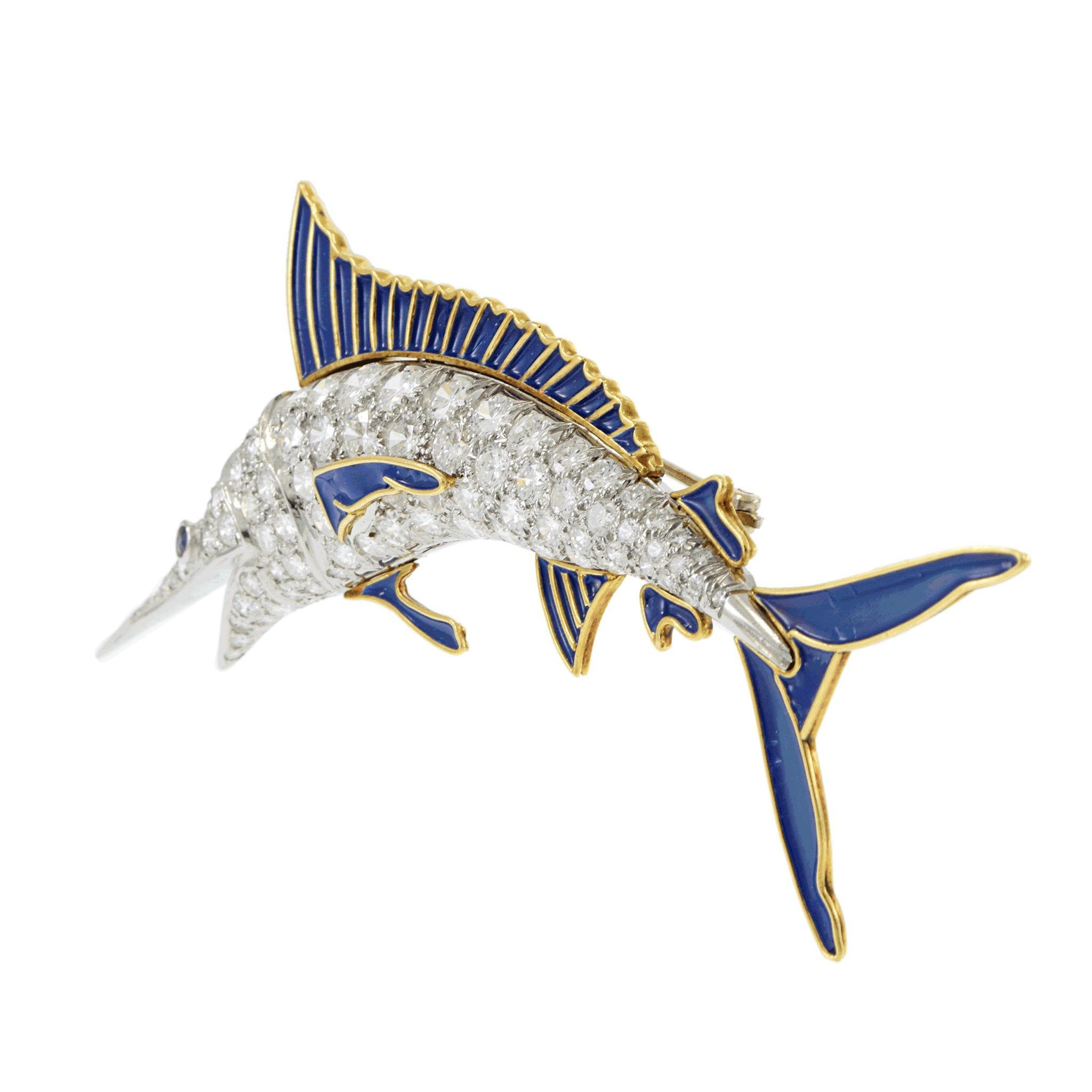 Vintage Retro Ära Emaille und Diamant Segelfisch Pin (Rundschliff) im Angebot