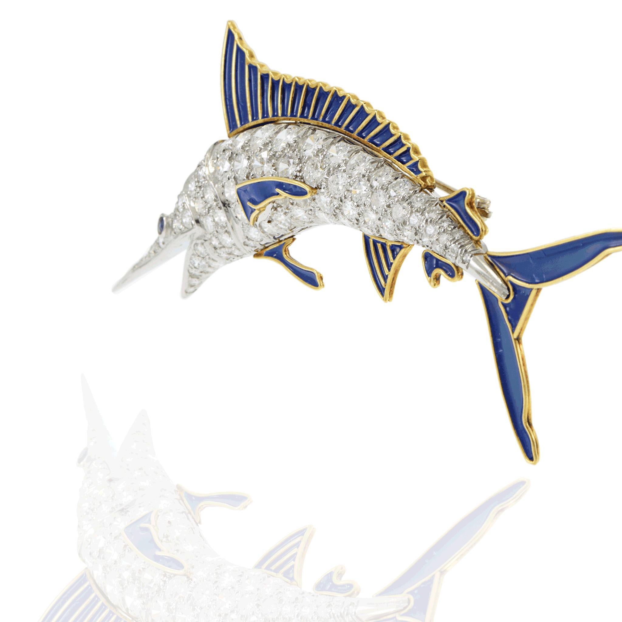Vintage Retro Ära Emaille und Diamant Segelfisch Pin im Zustand „Gut“ im Angebot in New York, NY