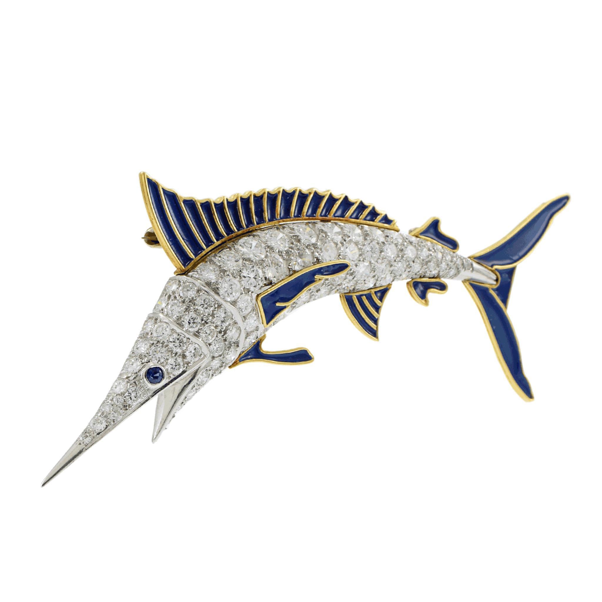 Vintage Retro Ära Emaille und Diamant Segelfisch Pin für Damen oder Herren im Angebot