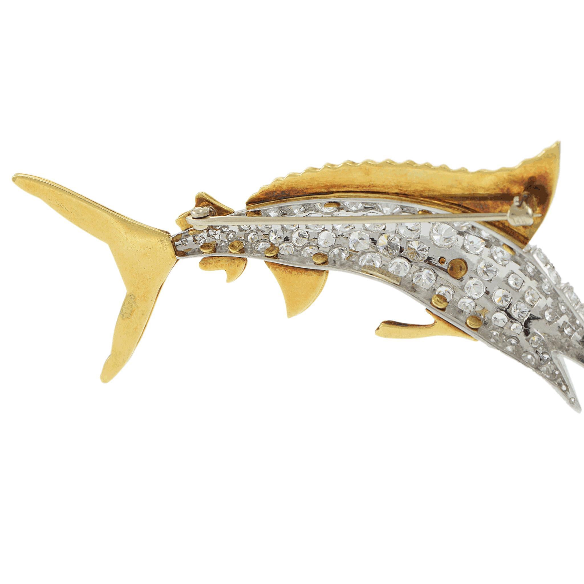Vintage Retro Ära Emaille und Diamant Segelfisch Pin im Angebot 1