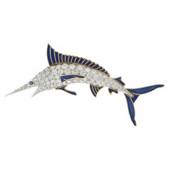 Vintage Retro Ära Emaille und Diamant Segelfisch Pin