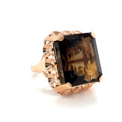 Vintage Retro-Era Statement Smoky Quartz Cocktail Ring, 14 Karat Rose Gold