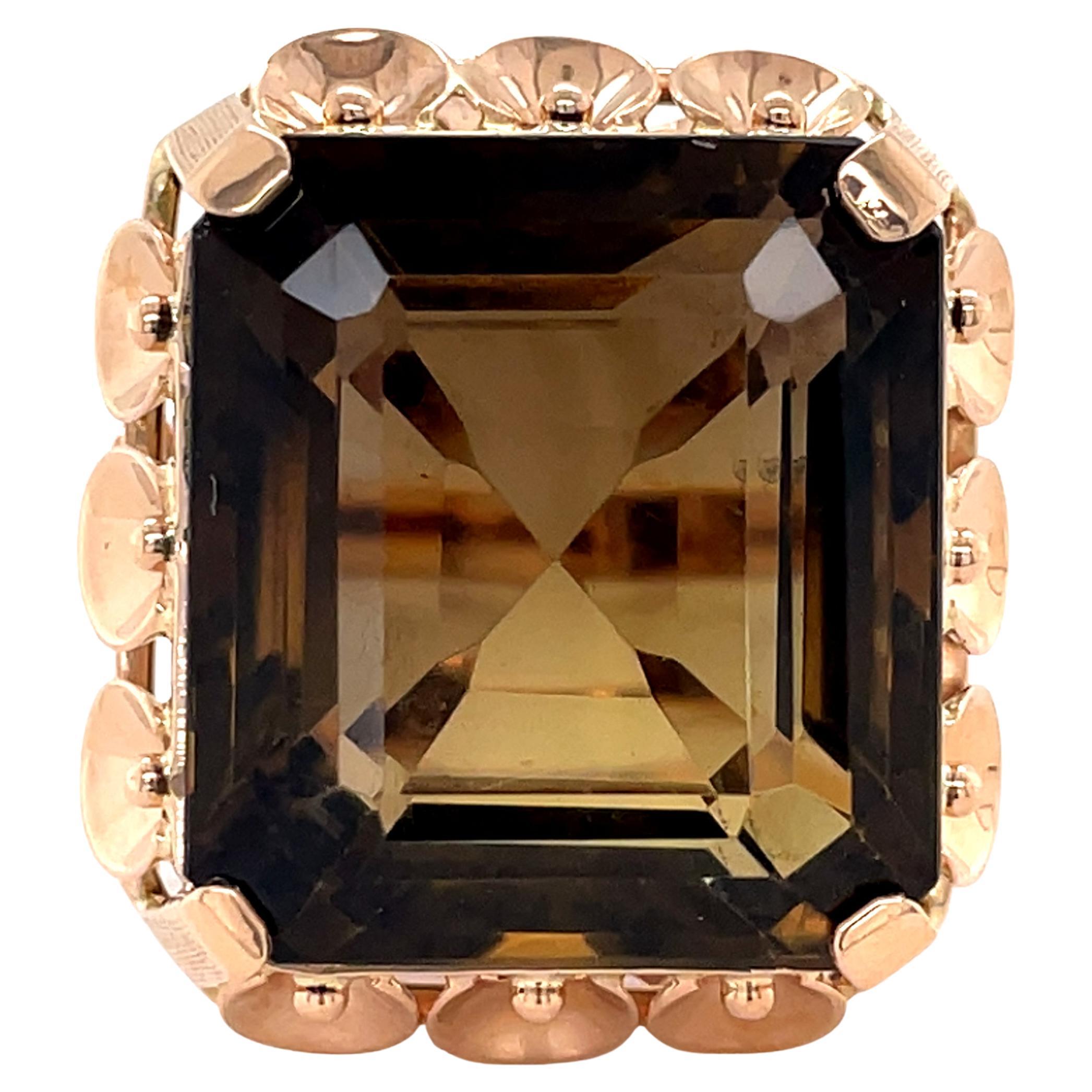 Vintage Retro-Era Statement Smoky Quartz Cocktail Ring, 14 Karat Rose Gold