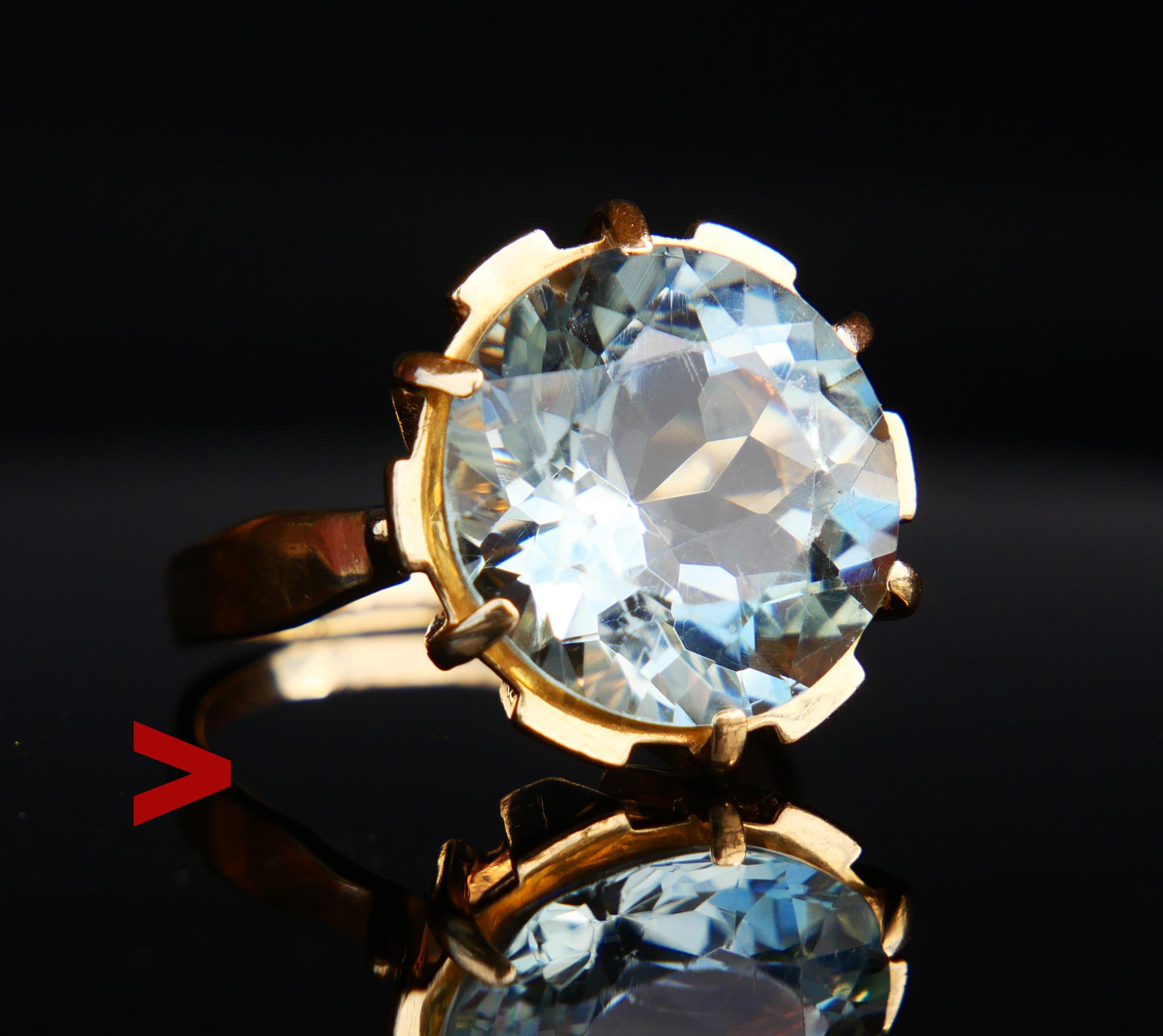 Beautiful Vintage Aquamarine Cocktail Ring for the female hand. Frame in solid 18K Yellow Gold.

Fine diamond-cut claw set natural Light Blue with a tint of Green Aquamarine measuring Ø 15 mm x 9.38 mm deep / about 13 ct.

Stone is eye-clean /