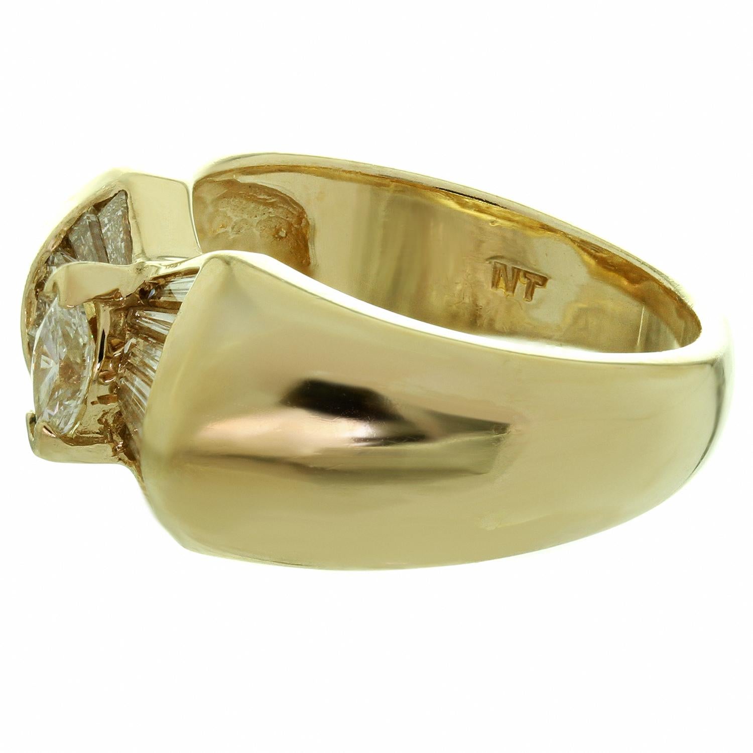 Women's Vintage Retro Fancy-Cut Diamond Yellow Gold Wide Ring For Sale