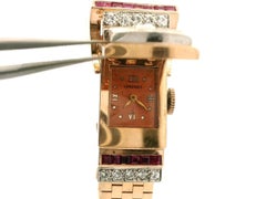 Vintage Retro Fancy Longines 14k Rose Gold Diamond & Ruby Hidden Watch Bracelet