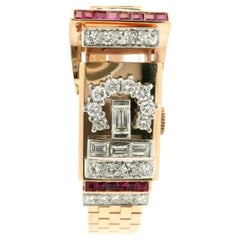 Vintage Retro Fancy Longines 14k Rose Gold Diamond & Ruby Hidden Watch Bracelet
