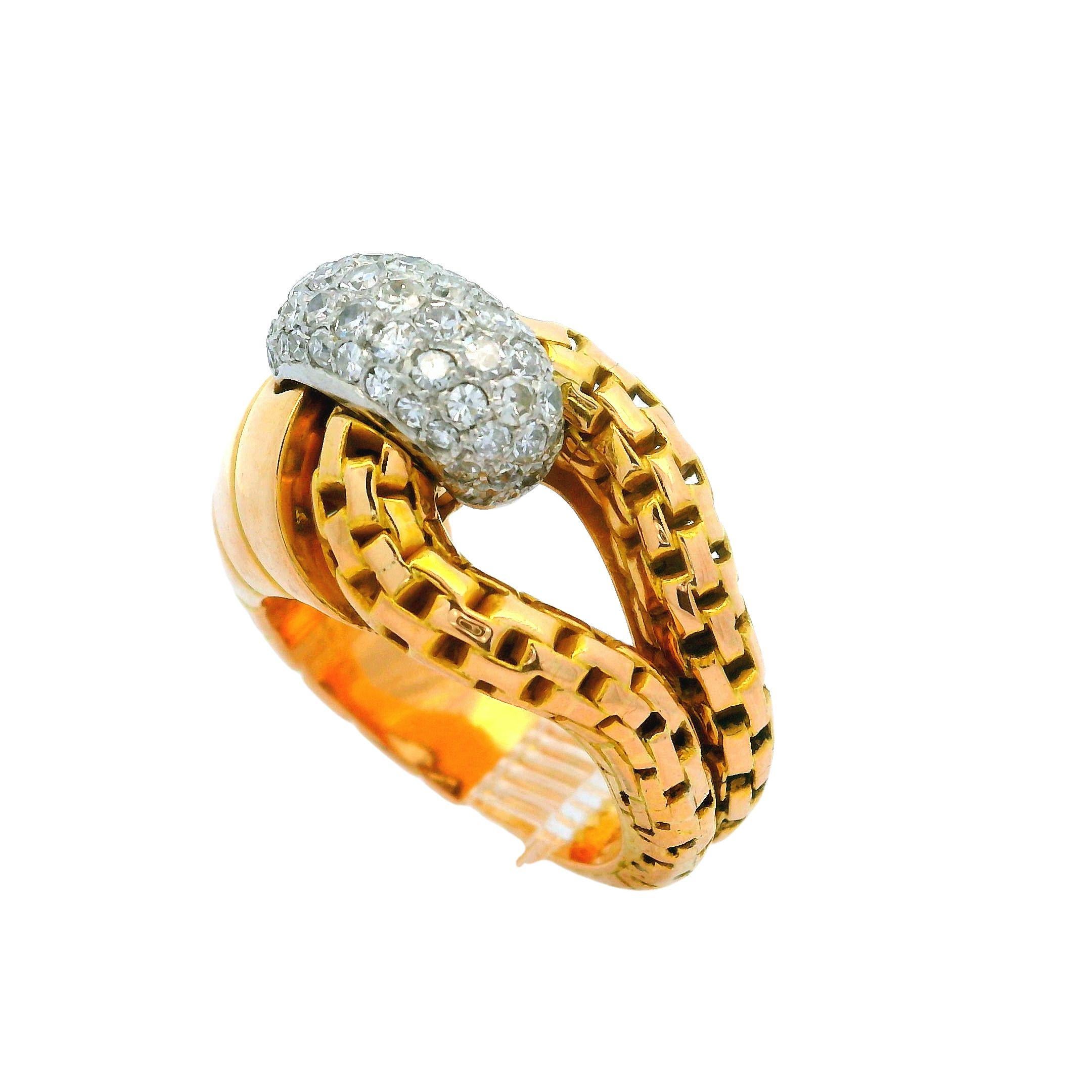 Vintage Retro French 18k Gold & Platinum 0.75ctw Pave Diamond Wrap Ring Sz 6 For Sale 5