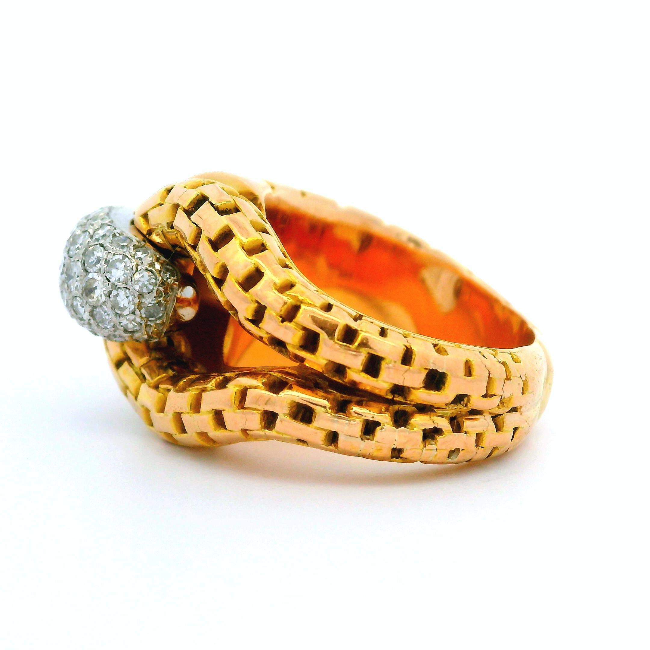 Round Cut Vintage Retro French 18k Gold & Platinum 0.75ctw Pave Diamond Wrap Ring Sz 6 For Sale