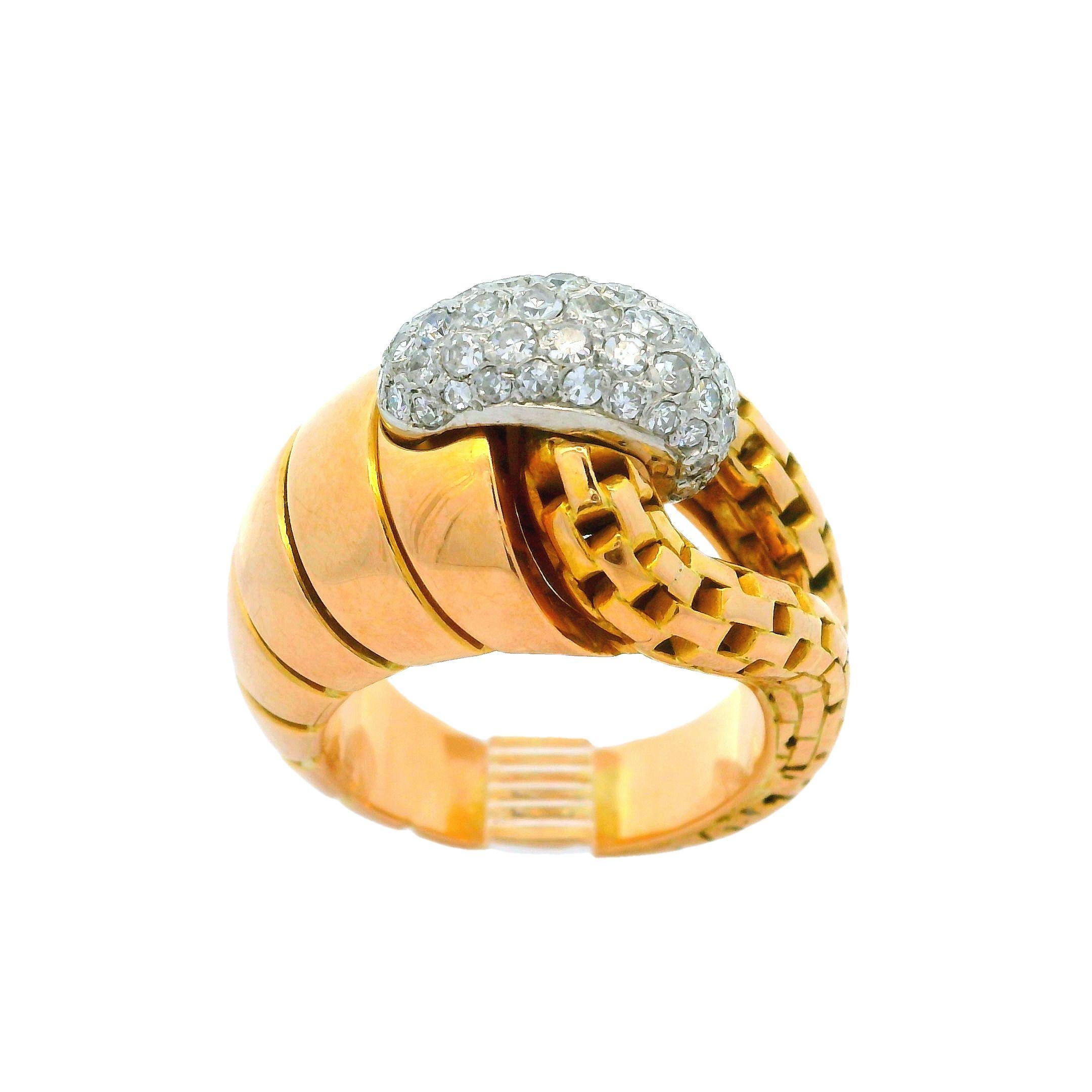 Vintage Retro French 18k Gold & Platinum 0.75ctw Pave Diamond Wrap Ring Sz 6 For Sale 2