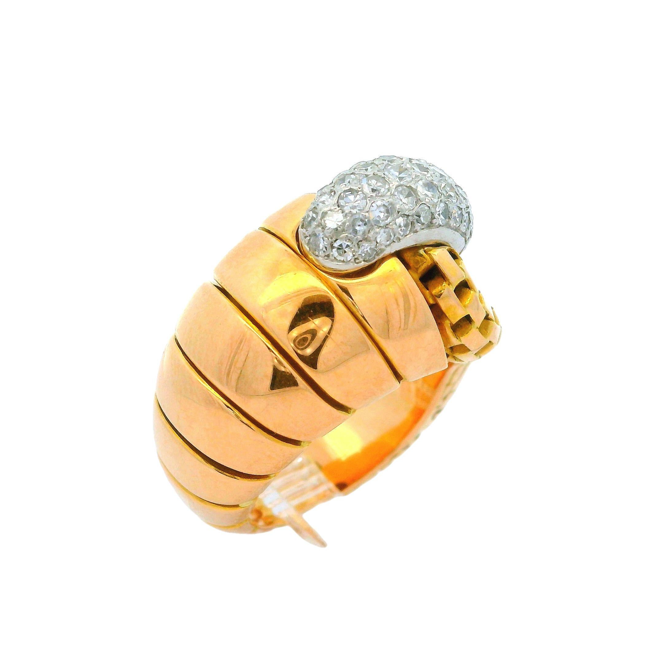Vintage Retro French 18k Gold & Platinum 0.75ctw Pave Diamond Wrap Ring Sz 6 For Sale 3