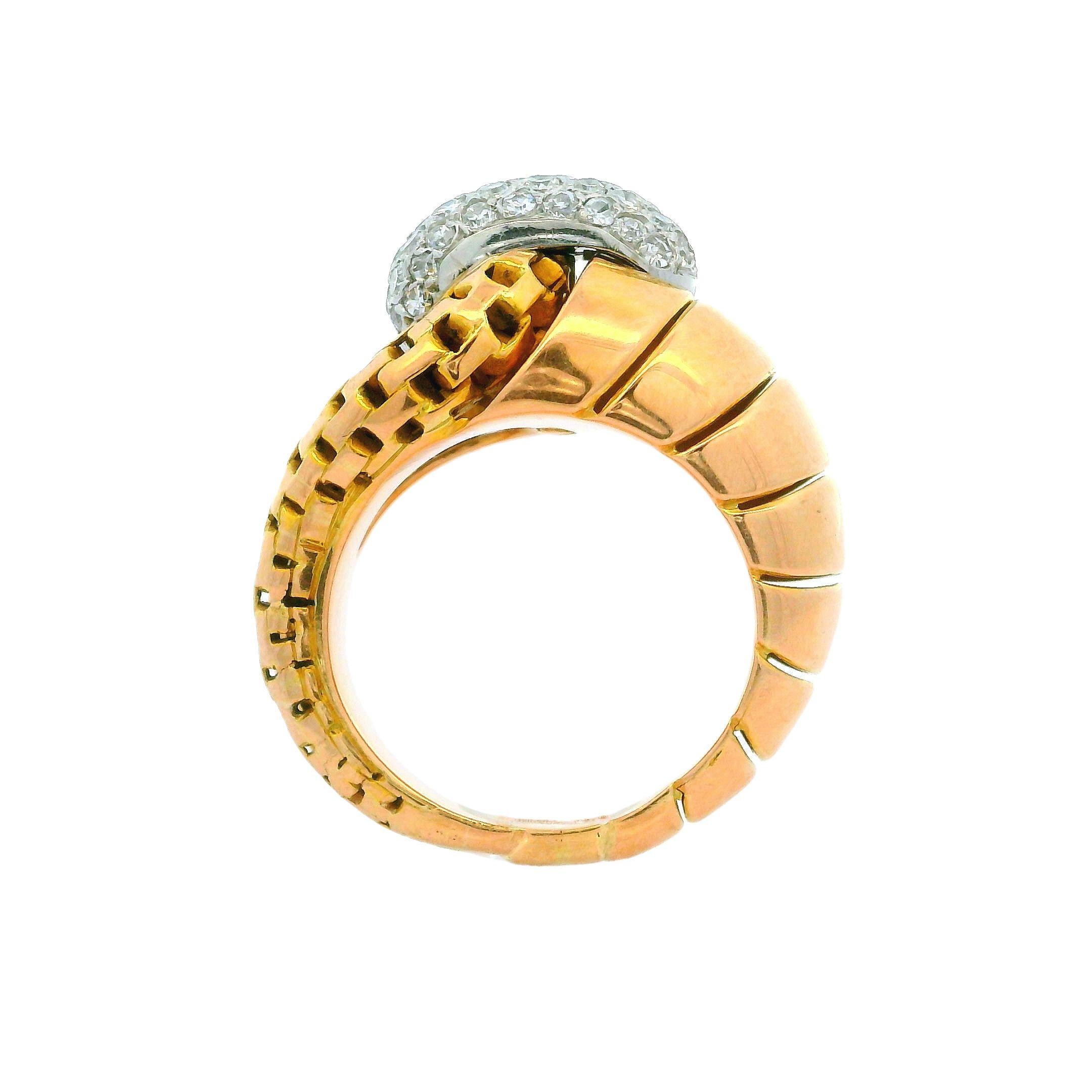 Vintage Retro French 18k Gold & Platinum 0.75ctw Pave Diamond Wrap Ring Sz 6 For Sale 4