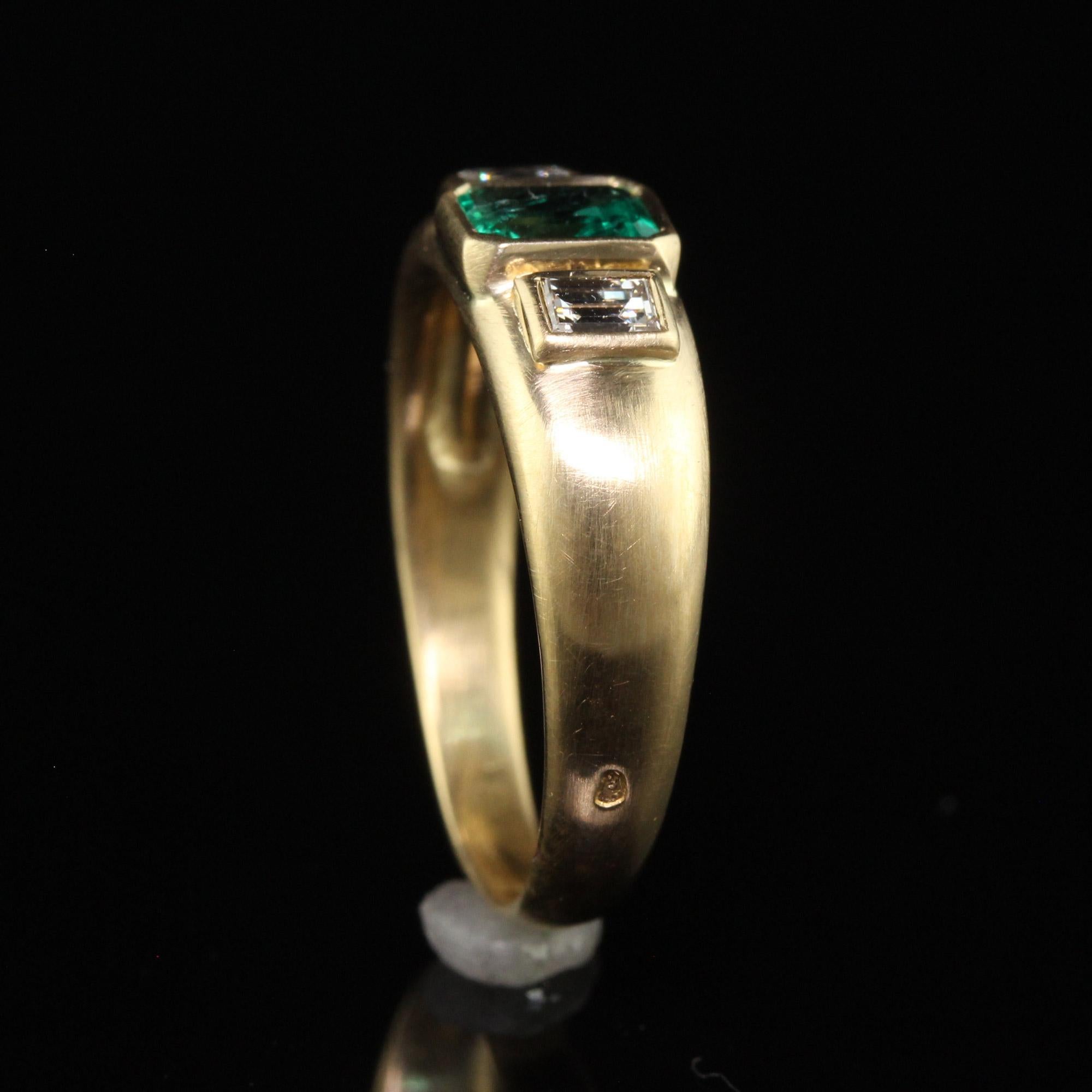 Vintage Retro French 18K Yellow Gold Colombian Emerald Diamond Three Stone Ring For Sale 4