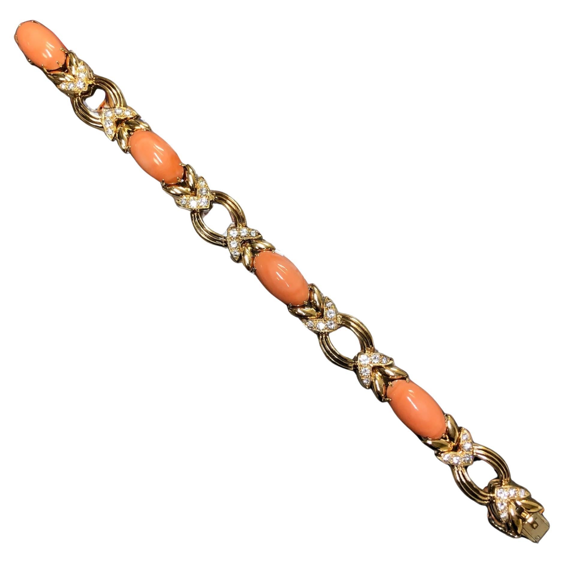 Vintage Retro FRENCH 18K Yellow Gold Diamond Pink Coral Cabochon Bracelet 7” For Sale