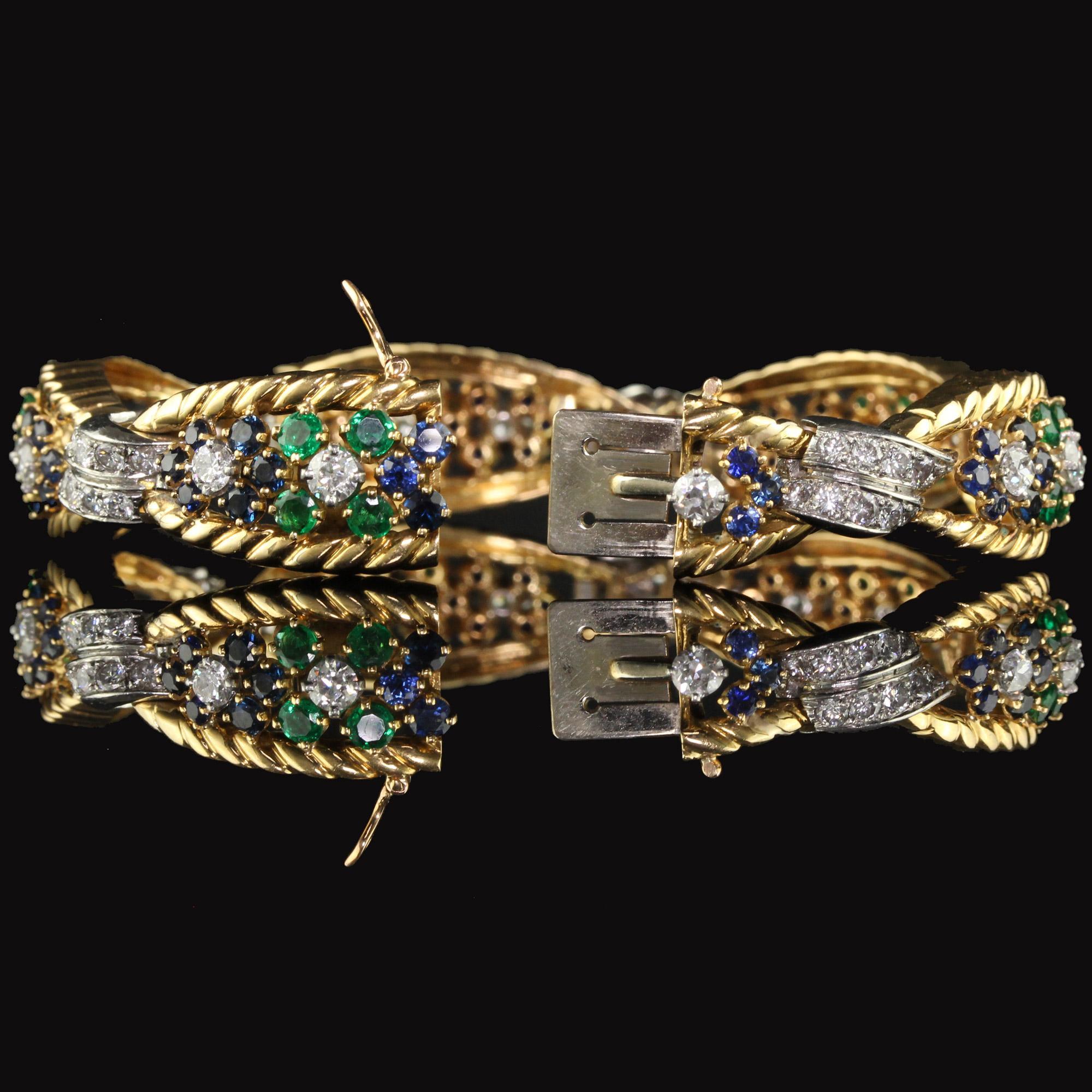 Vintage Retro French 18K Yellow Gold Platinum Diamond Sapphire Emerald Bracelet For Sale 5