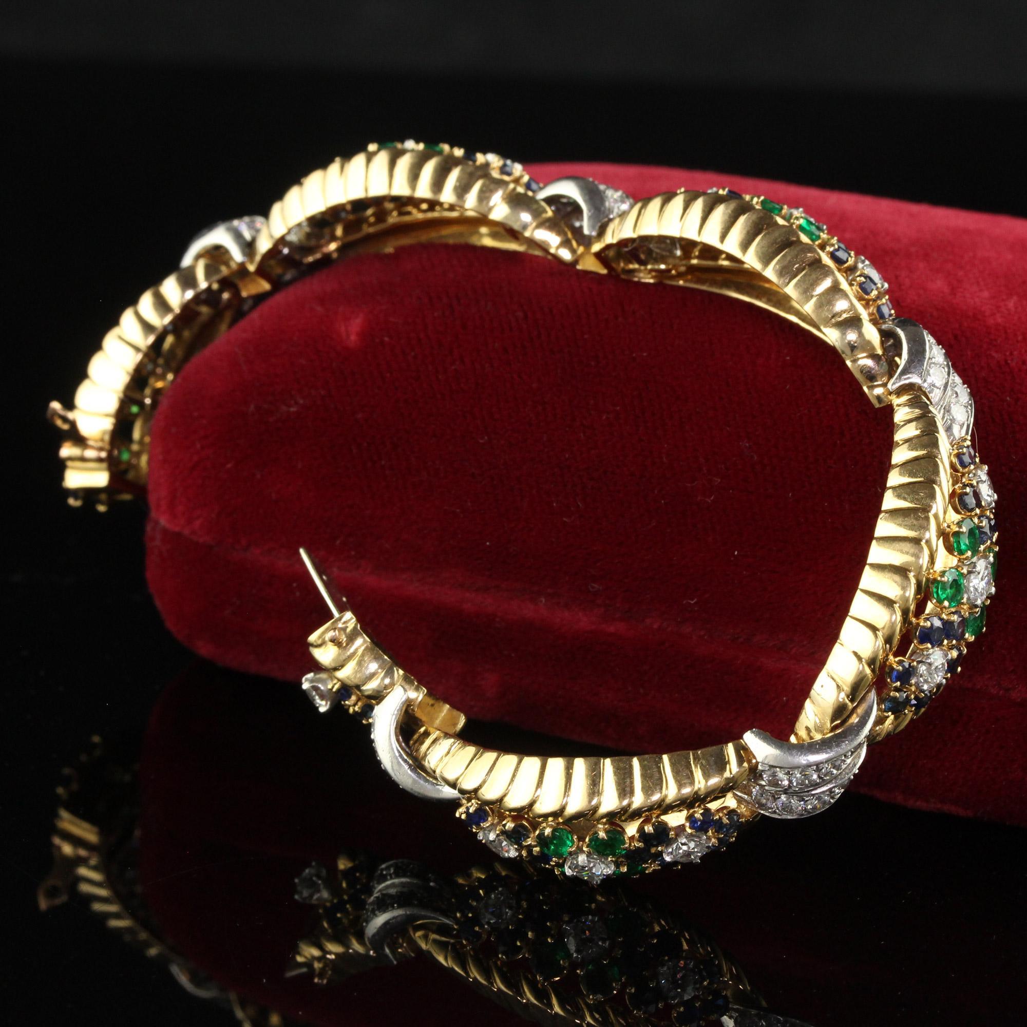 Round Cut Vintage Retro French 18K Yellow Gold Platinum Diamond Sapphire Emerald Bracelet For Sale