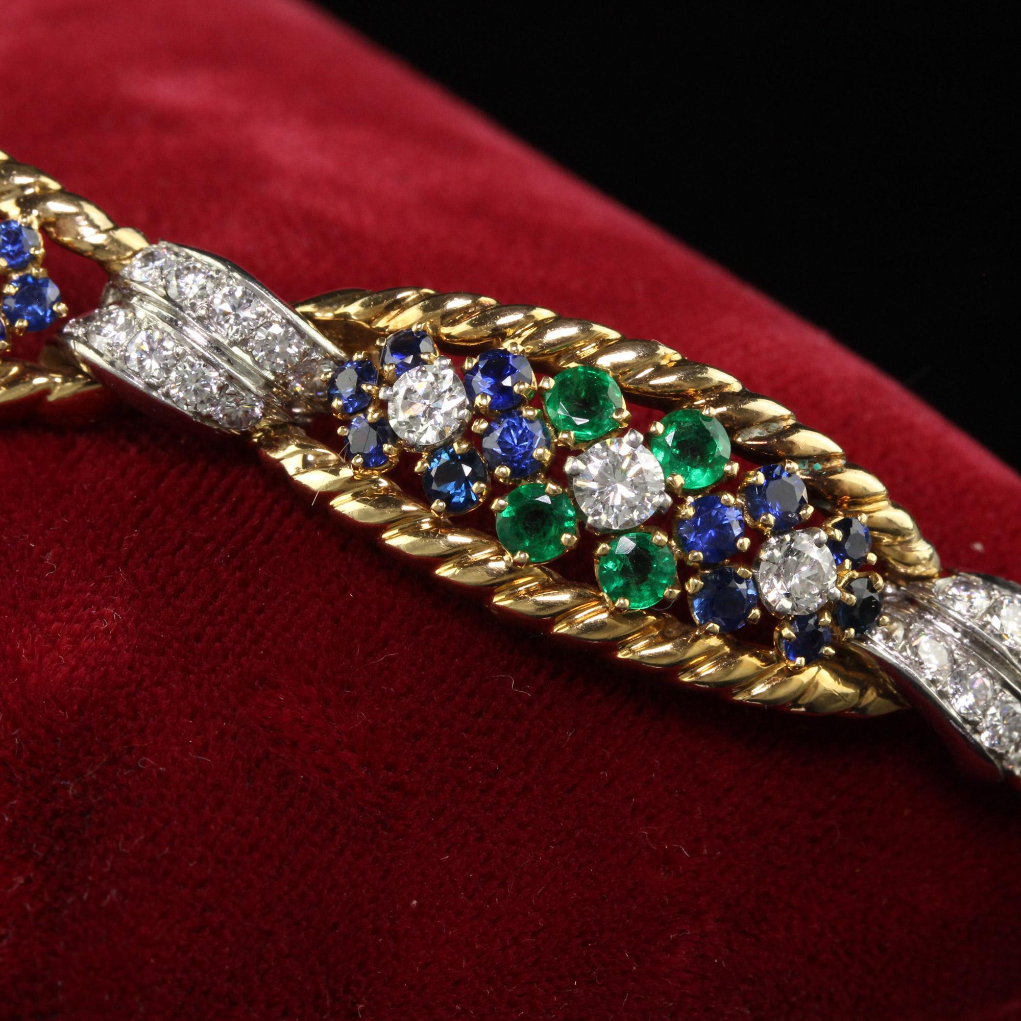 Vintage Retro French 18K Yellow Gold Platinum Diamond Sapphire Emerald Bracelet In Good Condition For Sale In Great Neck, NY
