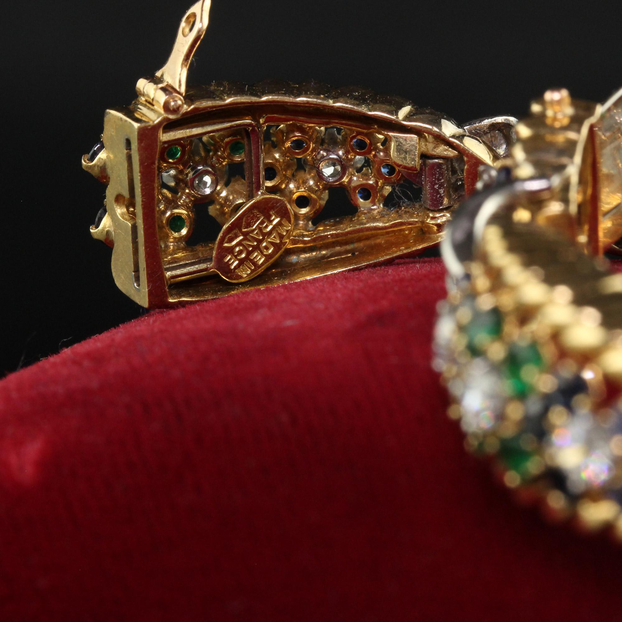 Women's Vintage Retro French 18K Yellow Gold Platinum Diamond Sapphire Emerald Bracelet For Sale
