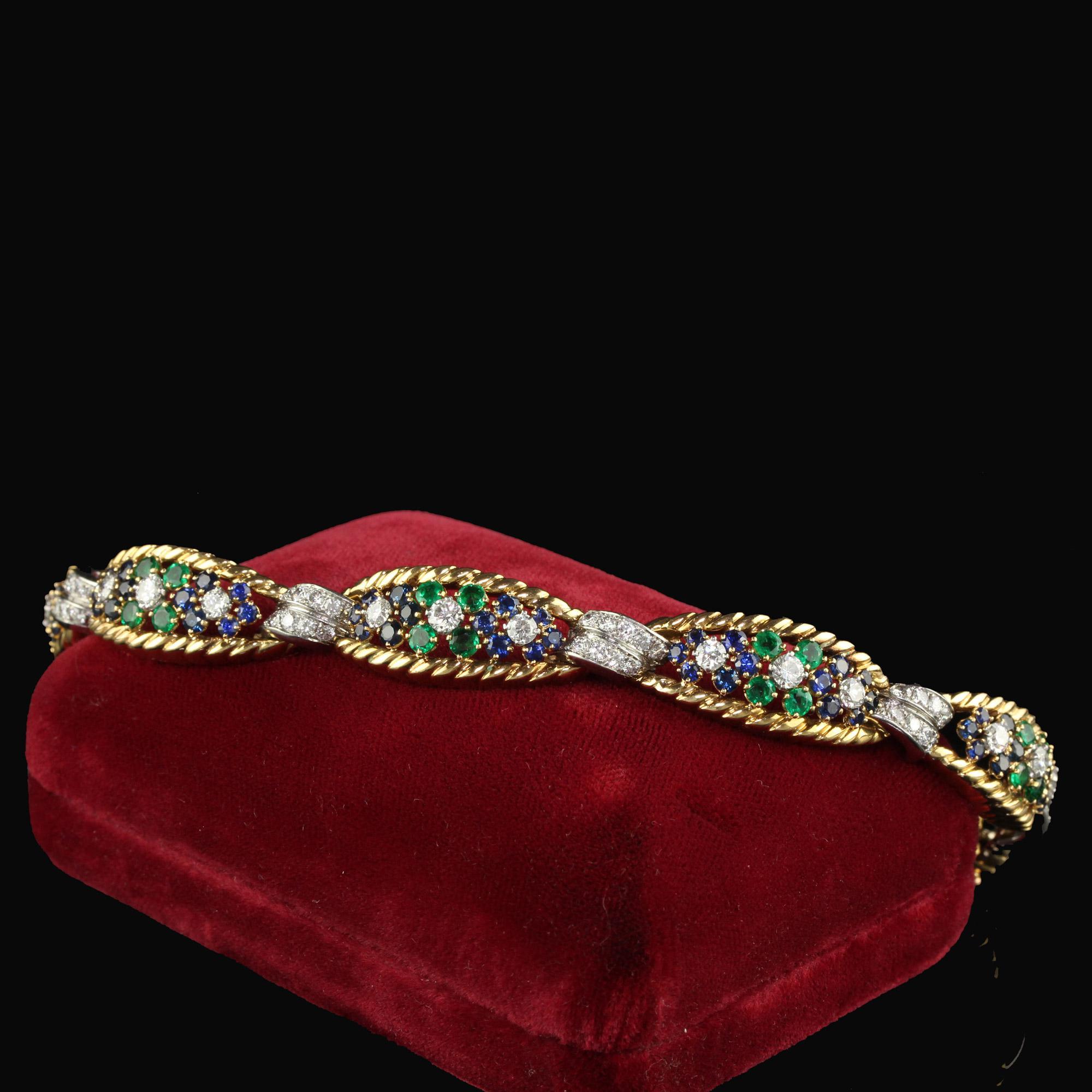 Vintage Retro French 18K Yellow Gold Platinum Diamond Sapphire Emerald Bracelet For Sale 2
