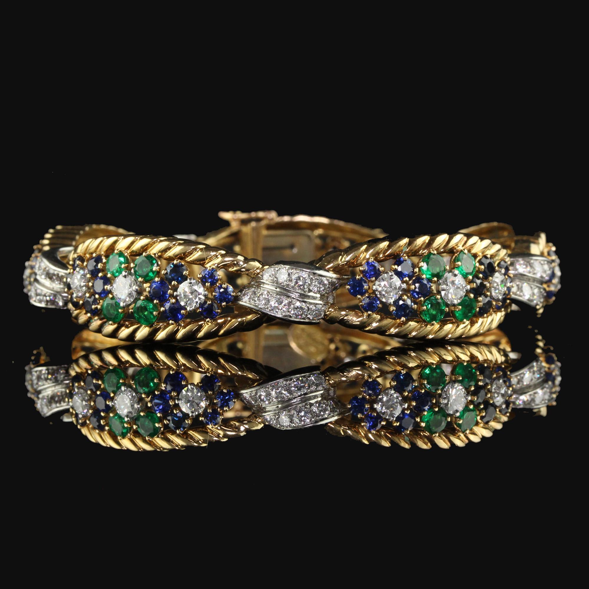Vintage Retro French 18K Yellow Gold Platinum Diamond Sapphire Emerald Bracelet For Sale 3