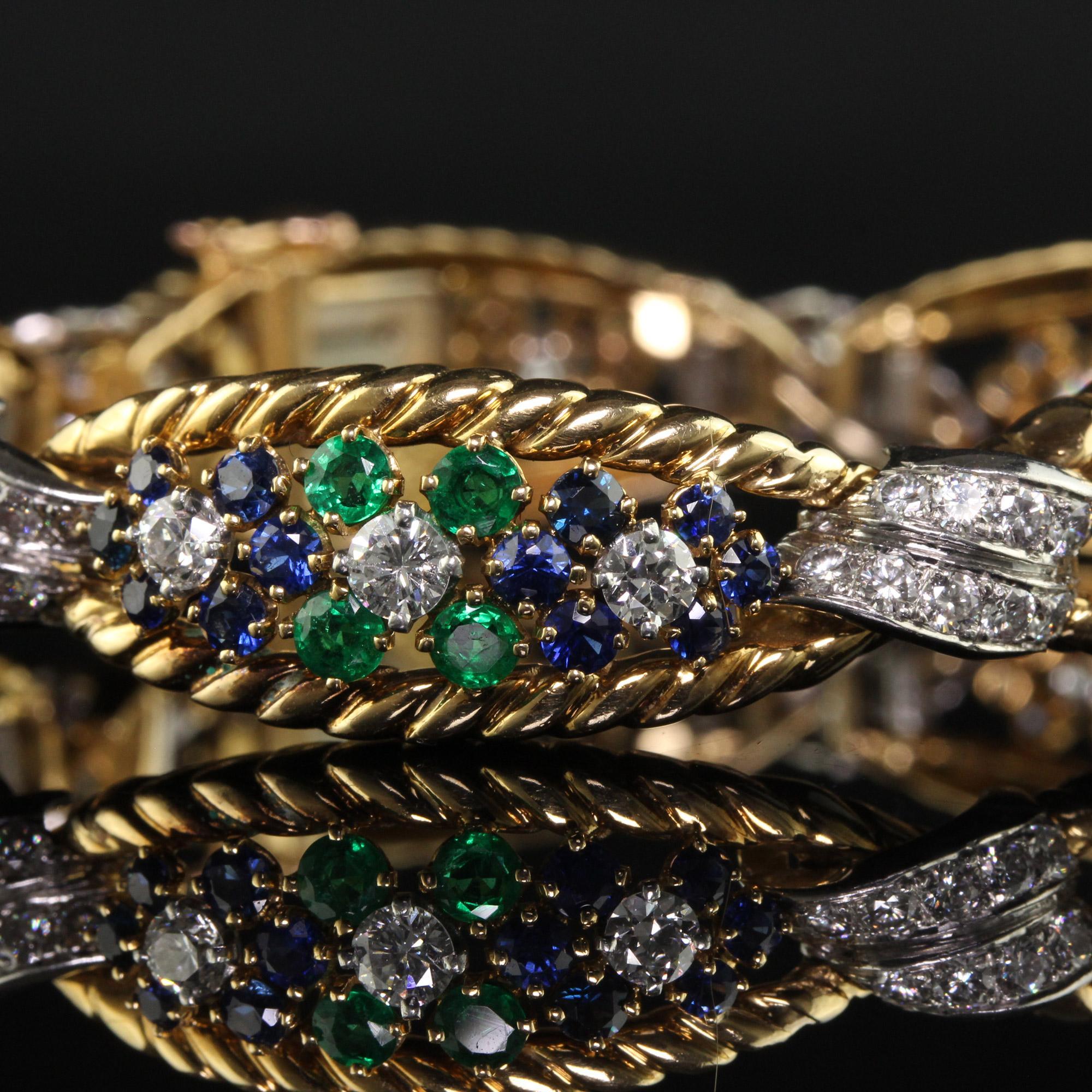Vintage Retro French 18K Yellow Gold Platinum Diamond Sapphire Emerald Bracelet For Sale 4
