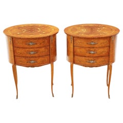 Vintage Retro French Pair of Marquetry Parquetry Oval Bedside Tables Nightstands