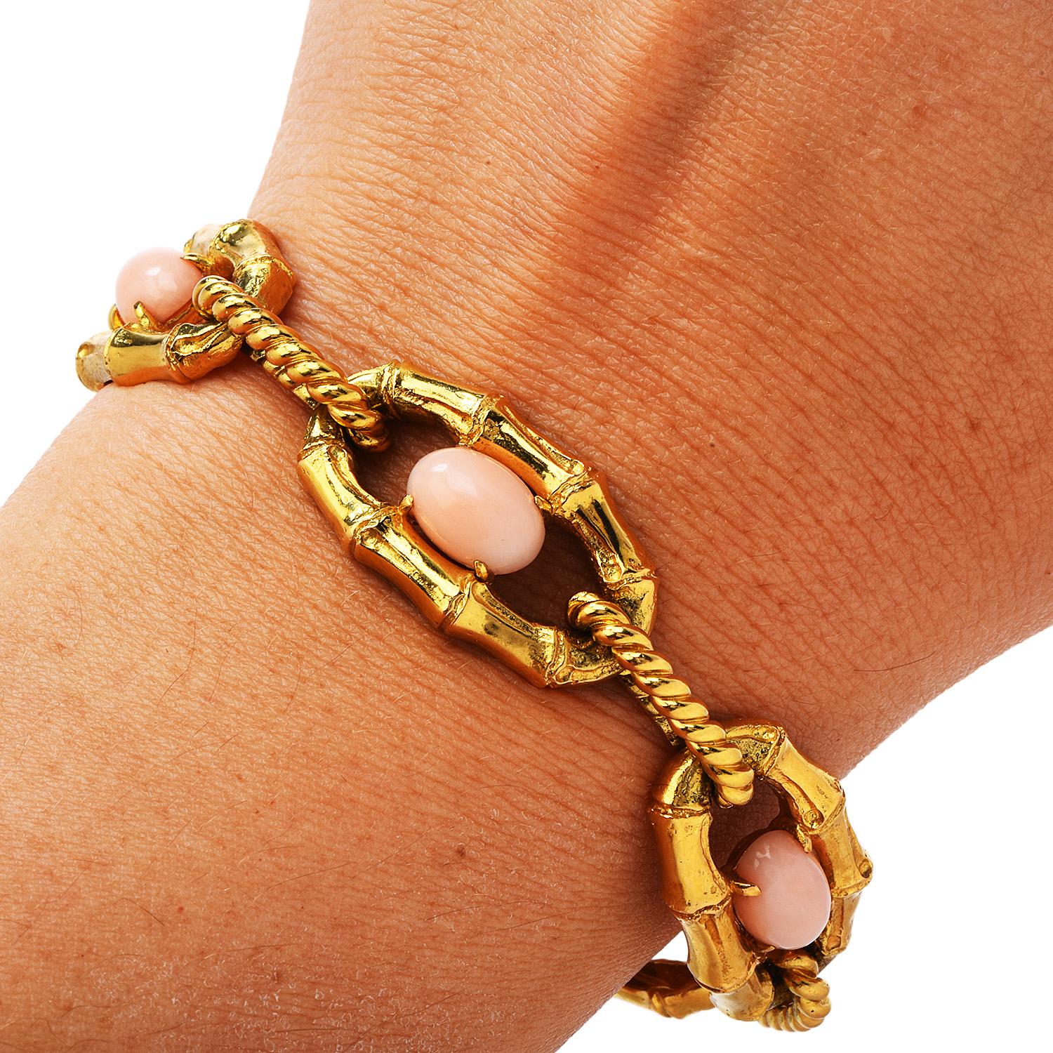 Modern Vintage Retro French Pink Coral 18K Yellow Gold Bamboo Link Bracelet