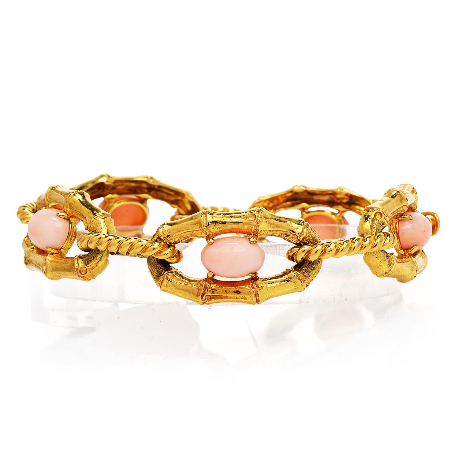 Cabochon Vintage Retro French Pink Coral 18K Yellow Gold Bamboo Link Bracelet