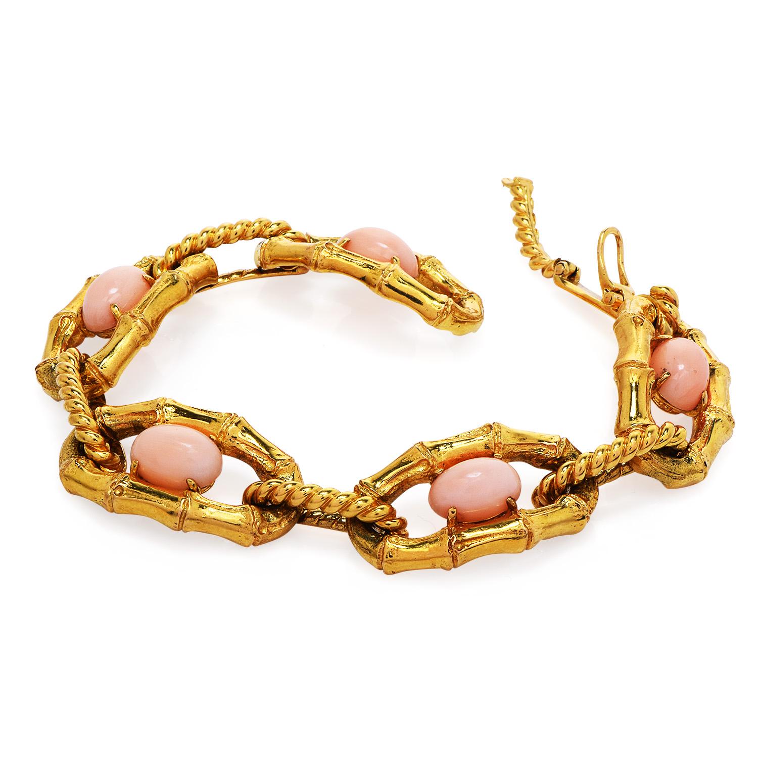 Vintage Retro French Pink Coral 18K Yellow Gold Bamboo Link Bracelet In Excellent Condition In Miami, FL