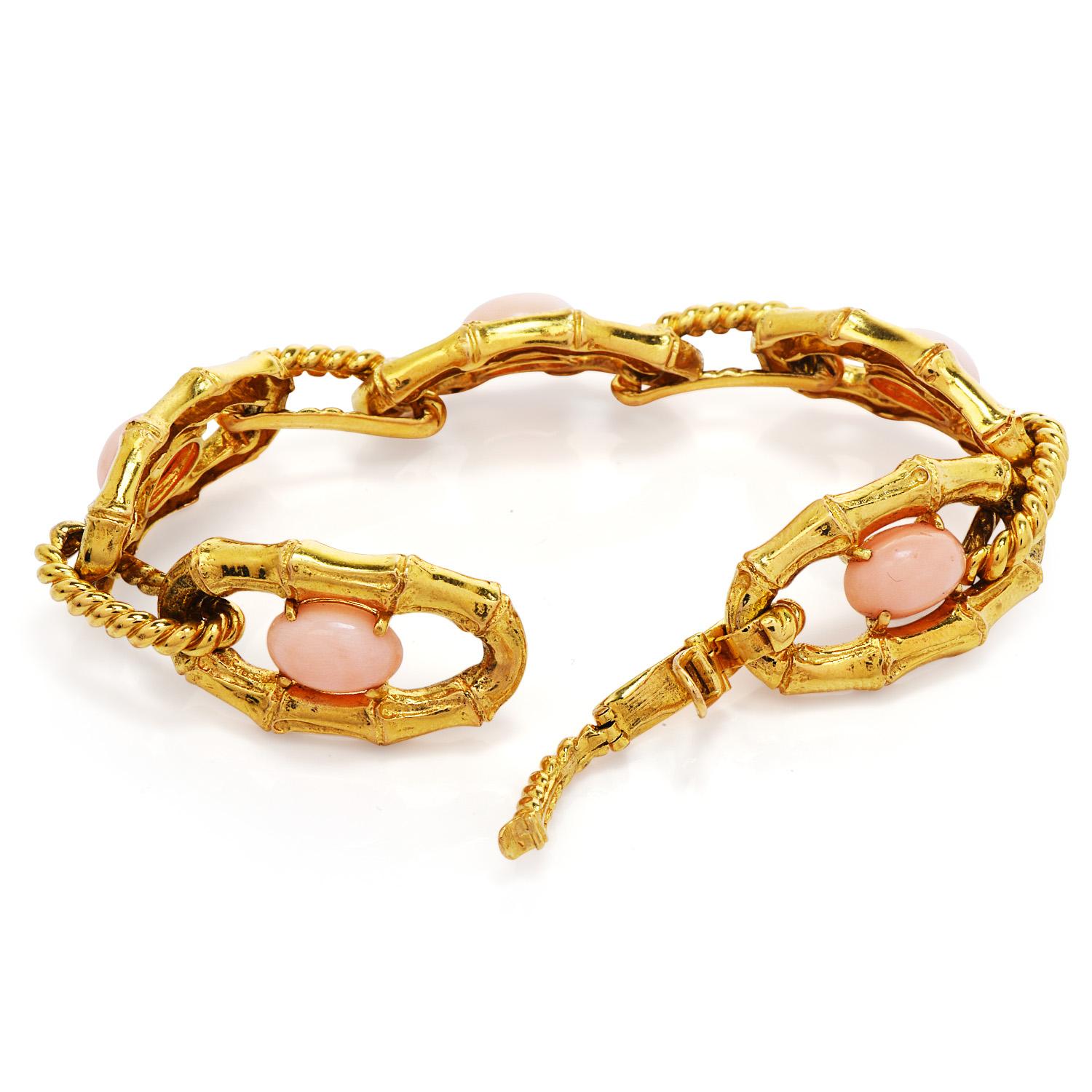Vintage Retro French Pink Coral 18K Yellow Gold Bamboo Link Bracelet 1