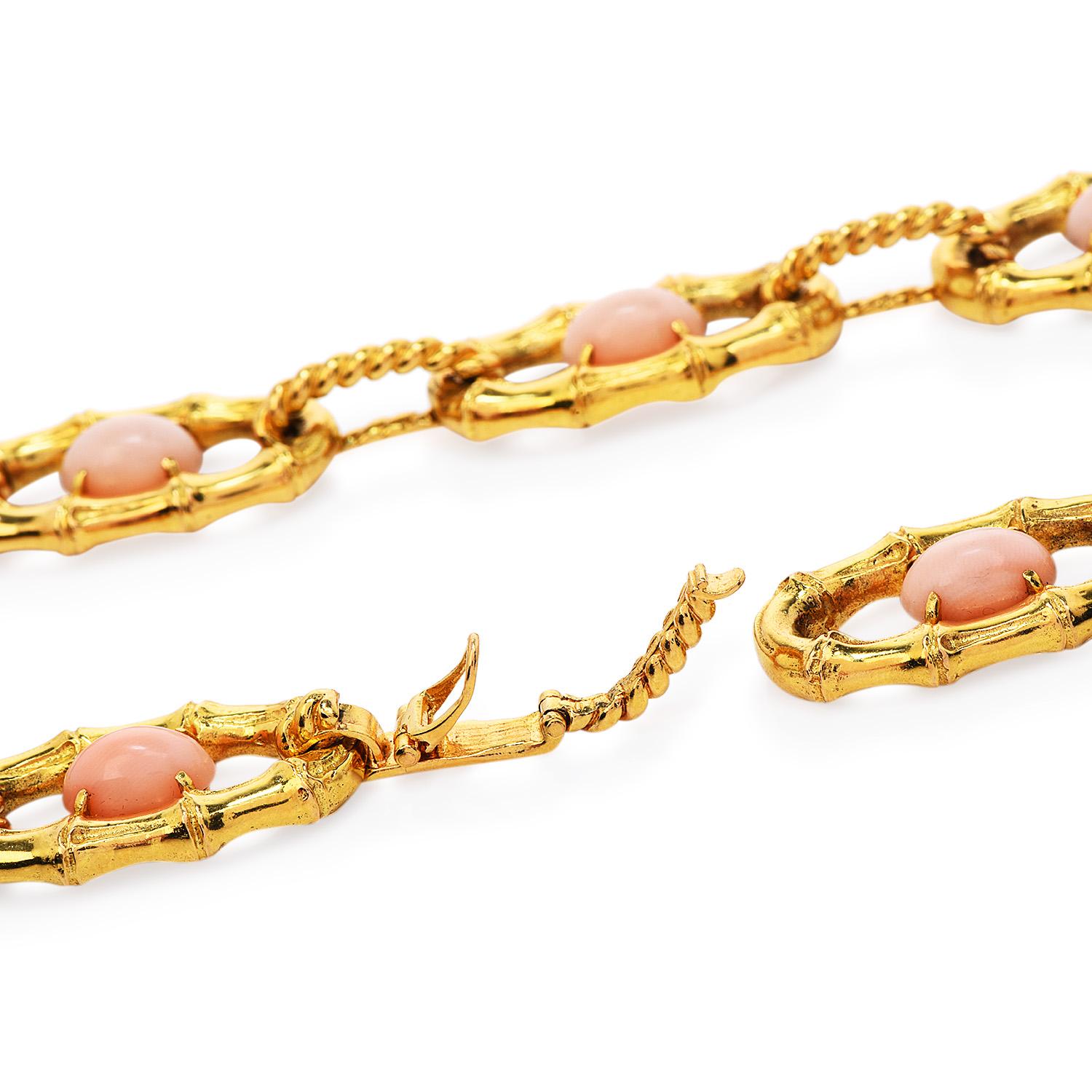 French Cut Vintage Retro French Pink Coral 18K Yellow Gold Bamboo Link Necklace