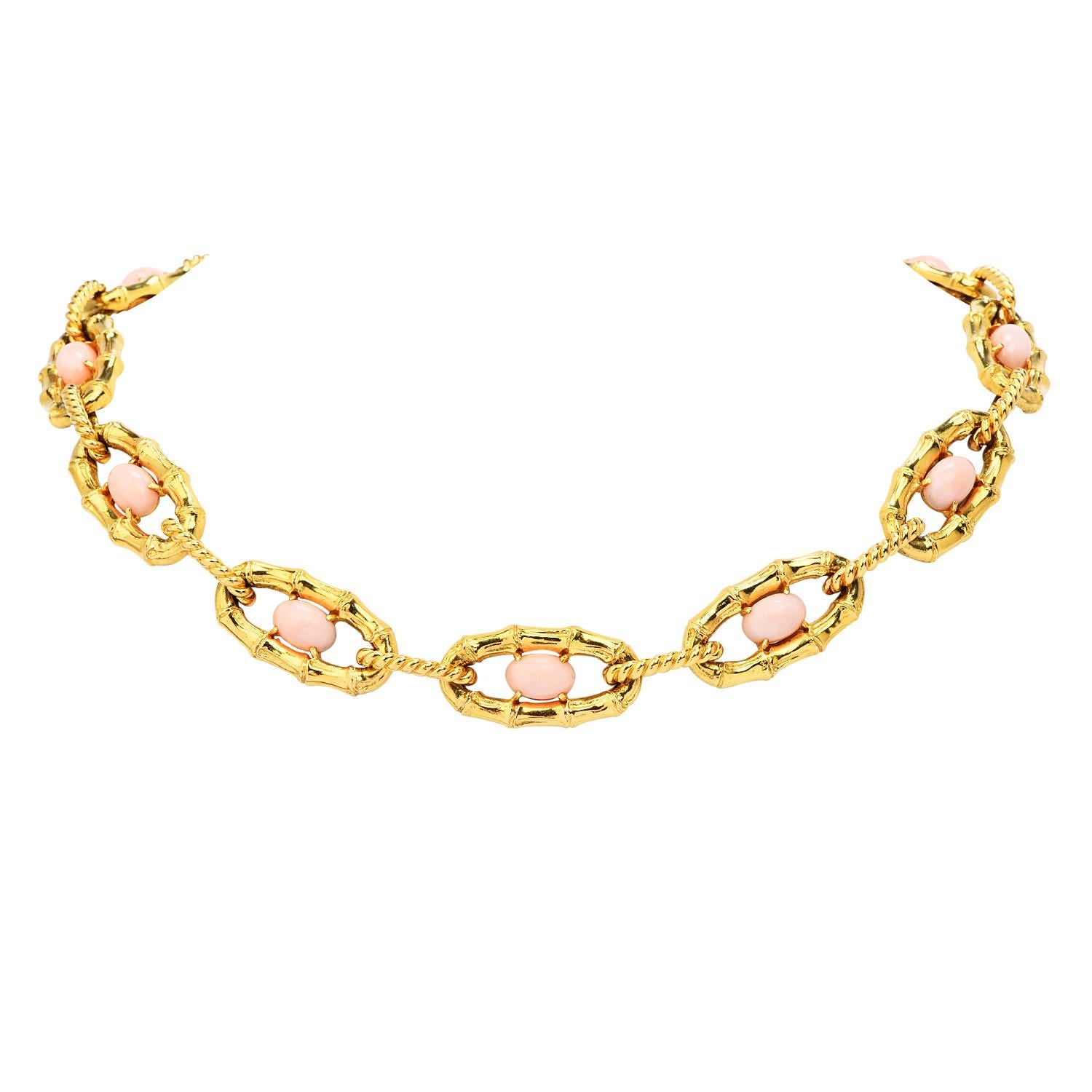 Vintage Retro French Pink Coral 18K Yellow Gold Bamboo Link Necklace In Excellent Condition In Miami, FL