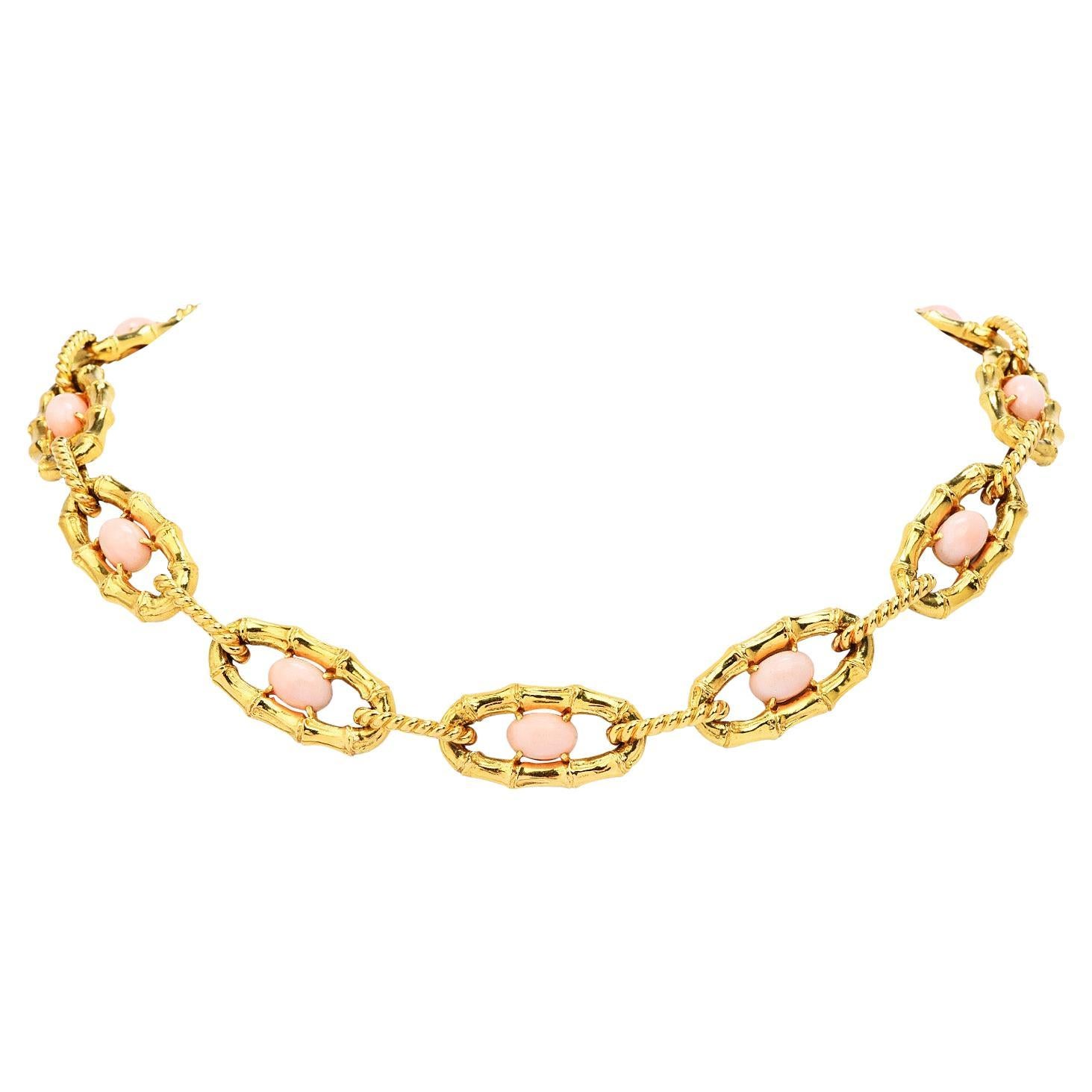 Vintage Retro French Pink Coral 18K Yellow Gold Bamboo Link Necklace