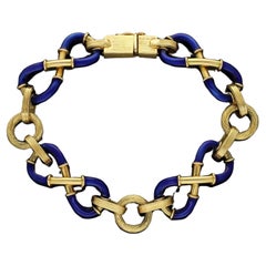 Retro Retro Geometric Blue Enamel Jewelry, HEAVY 35g Solid 18k 750 Gold Cuff