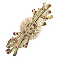 Vintage Retro Gold Cabochon Ruby & 0.25ctw Diamond Spray Pin Brooch