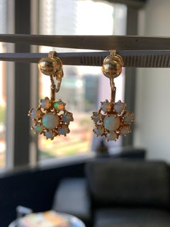 Vintage Retro Gold Natural Opal Earrings Gem Stone, circa 1980