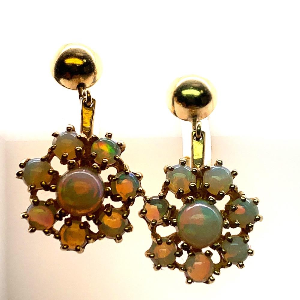 Women's Vintage Retro Gold Natural Opal Earrings Gem Stone, circa 1980 For Sale