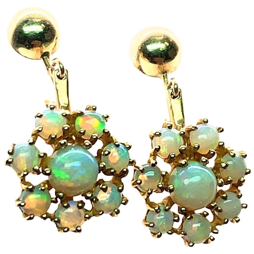 Vintage Retro Gold Natural Opal Earrings Gem Stone, circa 1980 For Sale