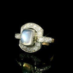 Vintage Retro Gold & Platinum Custom Cut Moonstone 0.70ctw Old Diamond Ring
